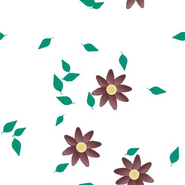 Basit renkli çiçekleri ve tek renkli arka planda yeşil yaprakları olan güzel kompozisyon, vektör illüstrasyonu