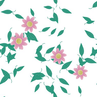 Basit renkli çiçekleri ve tek renkli arka planda yeşil yaprakları olan güzel kompozisyon, vektör illüstrasyonu