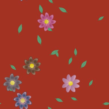 Basit renkli çiçekleri ve tek renkli arka planda yeşil yaprakları olan güzel kompozisyon, vektör illüstrasyonu