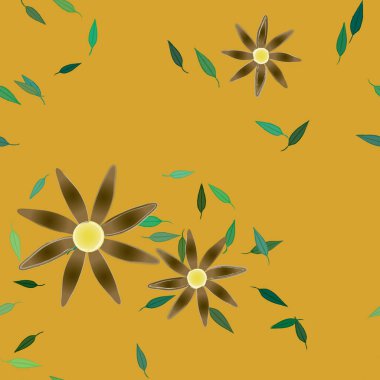 Basit renkli çiçekleri ve tek renkli arka planda yeşil yaprakları olan güzel kompozisyon, vektör illüstrasyonu