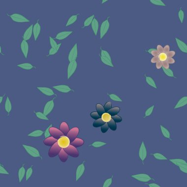 Basit renkli çiçekleri ve tek renkli arka planda yeşil yaprakları olan güzel kompozisyon, vektör illüstrasyonu