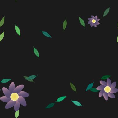 Basit renkli çiçekleri ve tek renkli arka planda yeşil yaprakları olan güzel kompozisyon, vektör illüstrasyonu