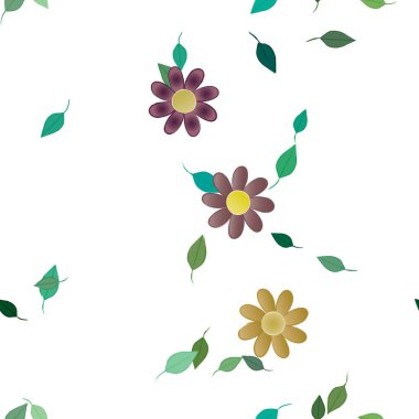 Basit renkli çiçekleri ve tek renkli arka planda yeşil yaprakları olan güzel kompozisyon, vektör illüstrasyonu