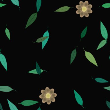 Basit renkli çiçekleri ve tek renkli arka planda yeşil yaprakları olan güzel kompozisyon, vektör illüstrasyonu