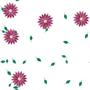 Basit renkli çiçekleri ve tek renkli arka planda yeşil yaprakları olan güzel kompozisyon, vektör illüstrasyonu