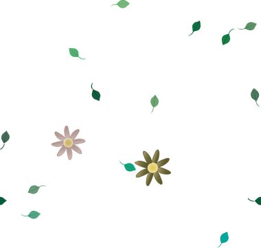 Basit renkli çiçekleri ve tek renkli arka planda yeşil yaprakları olan güzel kompozisyon, vektör illüstrasyonu