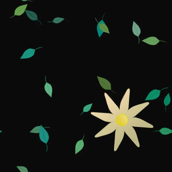 Vakker Sammensetning Med Enkle Fargede Blomster Grønne Blader Monokrom Bakgrunn – stockvektor