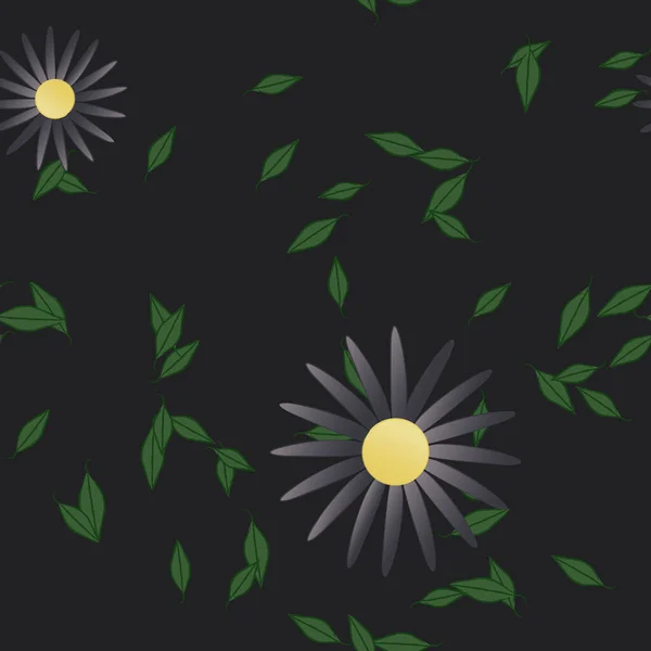 Mooie Compositie Met Eenvoudige Gekleurde Bloemen Groene Bladeren Monochrome Achtergrond — Stockvector