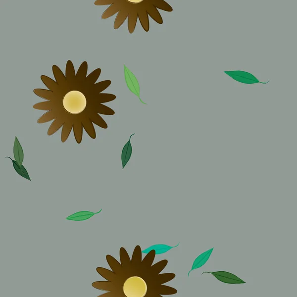 Mooie Compositie Met Eenvoudige Gekleurde Bloemen Groene Bladeren Monochrome Achtergrond — Stockvector