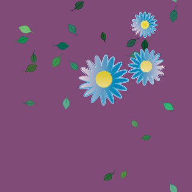 Basit renkli çiçekleri ve tek renkli arka planda yeşil yaprakları olan güzel kompozisyon, vektör illüstrasyonu