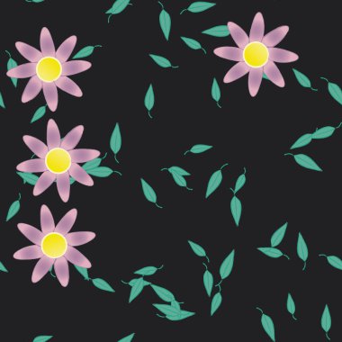 Basit renkli çiçekleri ve tek renkli arka planda yeşil yaprakları olan güzel kompozisyon, vektör illüstrasyonu