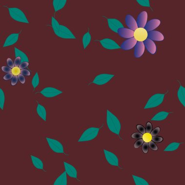 Basit renkli çiçekleri ve tek renkli arka planda yeşil yaprakları olan güzel kompozisyon, vektör illüstrasyonu