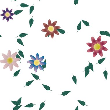 Basit renkli çiçekleri ve tek renkli arka planda yeşil yaprakları olan güzel kompozisyon, vektör illüstrasyonu