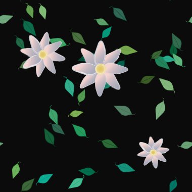 Basit renkli çiçekleri ve tek renkli arka planda yeşil yaprakları olan güzel kompozisyon, vektör illüstrasyonu