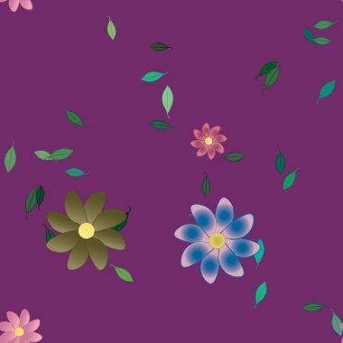 Basit renkli çiçekleri ve tek renkli arka planda yeşil yaprakları olan güzel kompozisyon, vektör illüstrasyonu