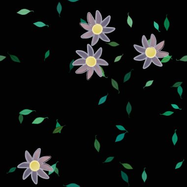 Basit renkli çiçekleri ve tek renkli arka planda yeşil yaprakları olan güzel kompozisyon, vektör illüstrasyonu