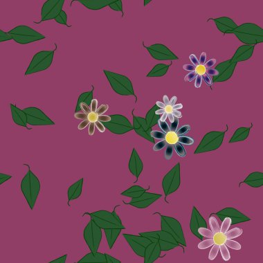 Basit renkli çiçekleri ve tek renkli arka planda yeşil yaprakları olan güzel kompozisyon, vektör illüstrasyonu