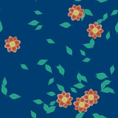 Basit renkli çiçekleri ve tek renkli arka planda yeşil yaprakları olan güzel kompozisyon, vektör illüstrasyonu