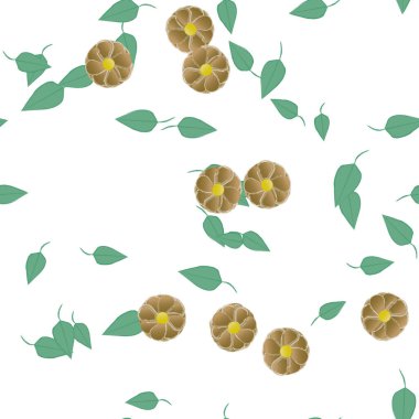 Basit renkli çiçekleri ve tek renkli arka planda yeşil yaprakları olan güzel kompozisyon, vektör illüstrasyonu