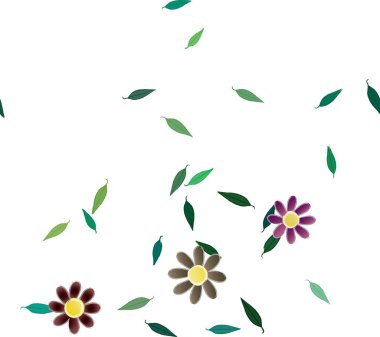 Basit renkli çiçekleri ve tek renkli arka planda yeşil yaprakları olan güzel kompozisyon, vektör illüstrasyonu