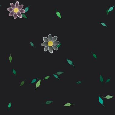 Basit renkli çiçekleri ve tek renkli arka planda yeşil yaprakları olan güzel kompozisyon, vektör illüstrasyonu