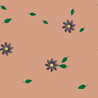 Basit renkli çiçekleri ve tek renkli arka planda yeşil yaprakları olan güzel kompozisyon, vektör illüstrasyonu