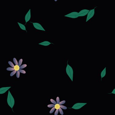 Basit renkli çiçekleri ve tek renkli arka planda yeşil yaprakları olan güzel kompozisyon, vektör illüstrasyonu