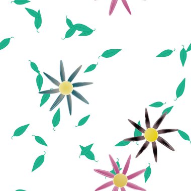 Basit renkli çiçekleri ve tek renkli arka planda yeşil yaprakları olan güzel kompozisyon, vektör illüstrasyonu