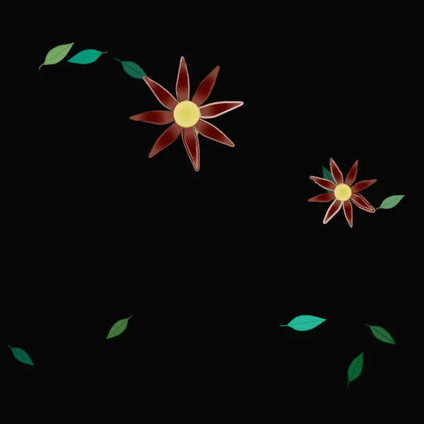 Όμορφη Σύνθεση Απλά Χρωματιστά Λουλούδια Και Πράσινα Φύλλα Μονόχρωμο Φόντο — Διανυσματικό Αρχείο