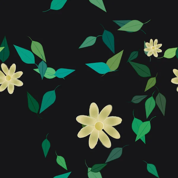 Mooie Compositie Met Eenvoudige Gekleurde Bloemen Groene Bladeren Monochrome Achtergrond — Stockvector