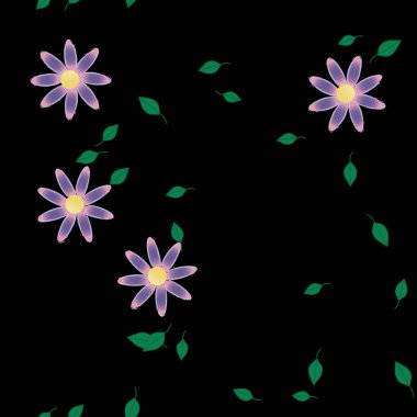 Basit renkli çiçekleri ve tek renkli arka planda yeşil yaprakları olan güzel kompozisyon, vektör illüstrasyonu