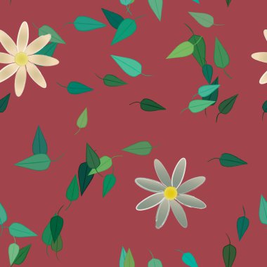 Basit renkli çiçekleri ve tek renkli arka planda yeşil yaprakları olan güzel kompozisyon, vektör illüstrasyonu