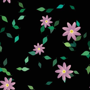 Basit renkli çiçekleri ve tek renkli arka planda yeşil yaprakları olan güzel kompozisyon, vektör illüstrasyonu