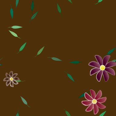 Basit renkli çiçekleri ve tek renkli arka planda yeşil yaprakları olan güzel kompozisyon, vektör illüstrasyonu