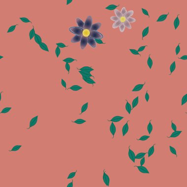 Basit renkli çiçekleri ve tek renkli arka planda yeşil yaprakları olan güzel kompozisyon, vektör illüstrasyonu