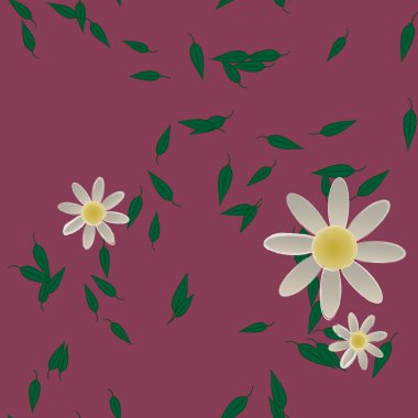 Basit renkli çiçekleri ve tek renkli arka planda yeşil yaprakları olan güzel kompozisyon, vektör illüstrasyonu