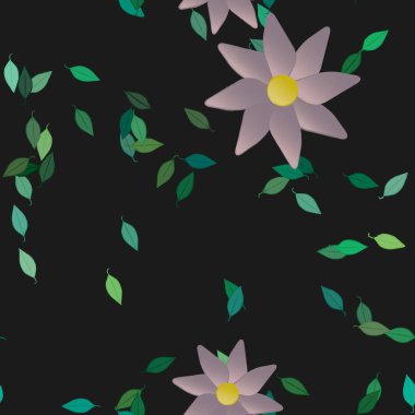 Basit renkli çiçekleri ve tek renkli arka planda yeşil yaprakları olan güzel kompozisyon, vektör illüstrasyonu