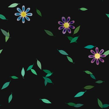 Basit renkli çiçekleri ve tek renkli arka planda yeşil yaprakları olan güzel kompozisyon, vektör illüstrasyonu