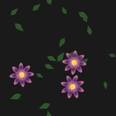 Basit renkli çiçekleri ve tek renkli arka planda yeşil yaprakları olan güzel kompozisyon, vektör illüstrasyonu