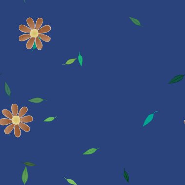 Basit renkli çiçekleri ve tek renkli arka planda yeşil yaprakları olan güzel kompozisyon, vektör illüstrasyonu