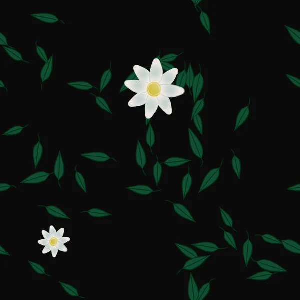 Mooie Compositie Met Eenvoudige Gekleurde Bloemen Groene Bladeren Monochrome Achtergrond — Stockvector