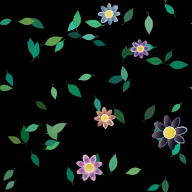 Basit renkli çiçekleri ve tek renkli arka planda yeşil yaprakları olan güzel kompozisyon, vektör illüstrasyonu