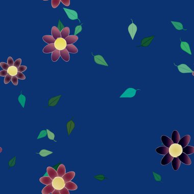 Basit renkli çiçekleri ve tek renkli arka planda yeşil yaprakları olan güzel kompozisyon, vektör illüstrasyonu