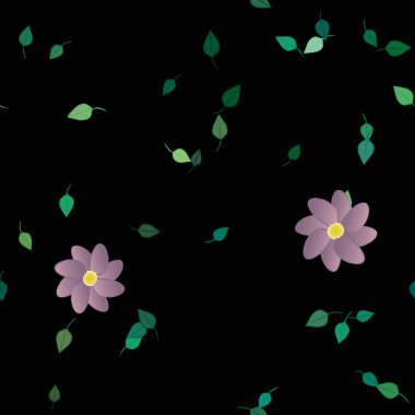 Basit renkli çiçekleri ve tek renkli arka planda yeşil yaprakları olan güzel kompozisyon, vektör illüstrasyonu