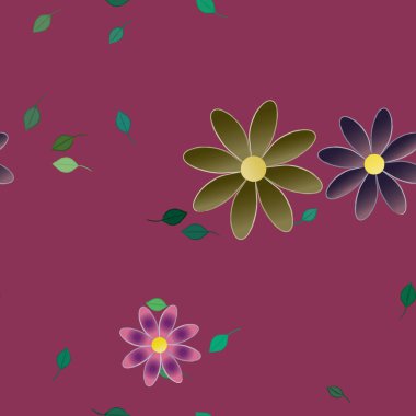 Basit renkli çiçekleri ve tek renkli arka planda yeşil yaprakları olan güzel kompozisyon, vektör illüstrasyonu