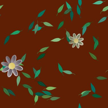 Basit renkli çiçekleri ve tek renkli arka planda yeşil yaprakları olan güzel kompozisyon, vektör illüstrasyonu