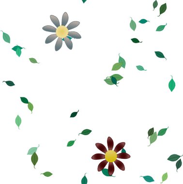 Basit renkli çiçekleri ve tek renkli arka planda yeşil yaprakları olan güzel kompozisyon, vektör illüstrasyonu