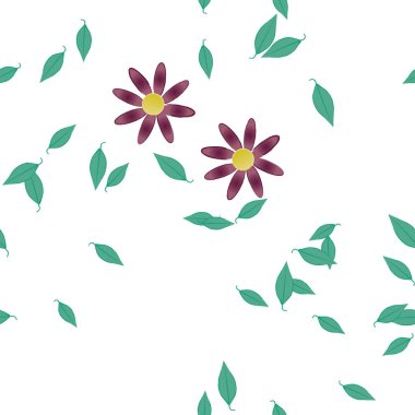 Basit renkli çiçekleri ve tek renkli arka planda yeşil yaprakları olan güzel kompozisyon, vektör illüstrasyonu