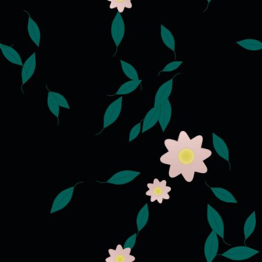 Basit renkli çiçekleri ve tek renkli arka planda yeşil yaprakları olan güzel kompozisyon, vektör illüstrasyonu