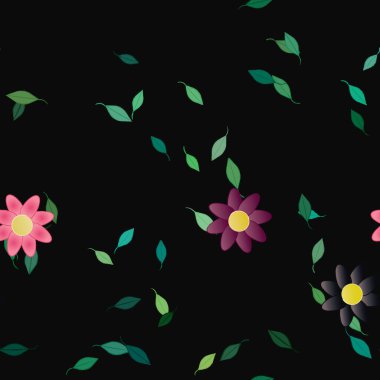 Basit renkli çiçekleri ve tek renkli arka planda yeşil yaprakları olan güzel kompozisyon, vektör illüstrasyonu